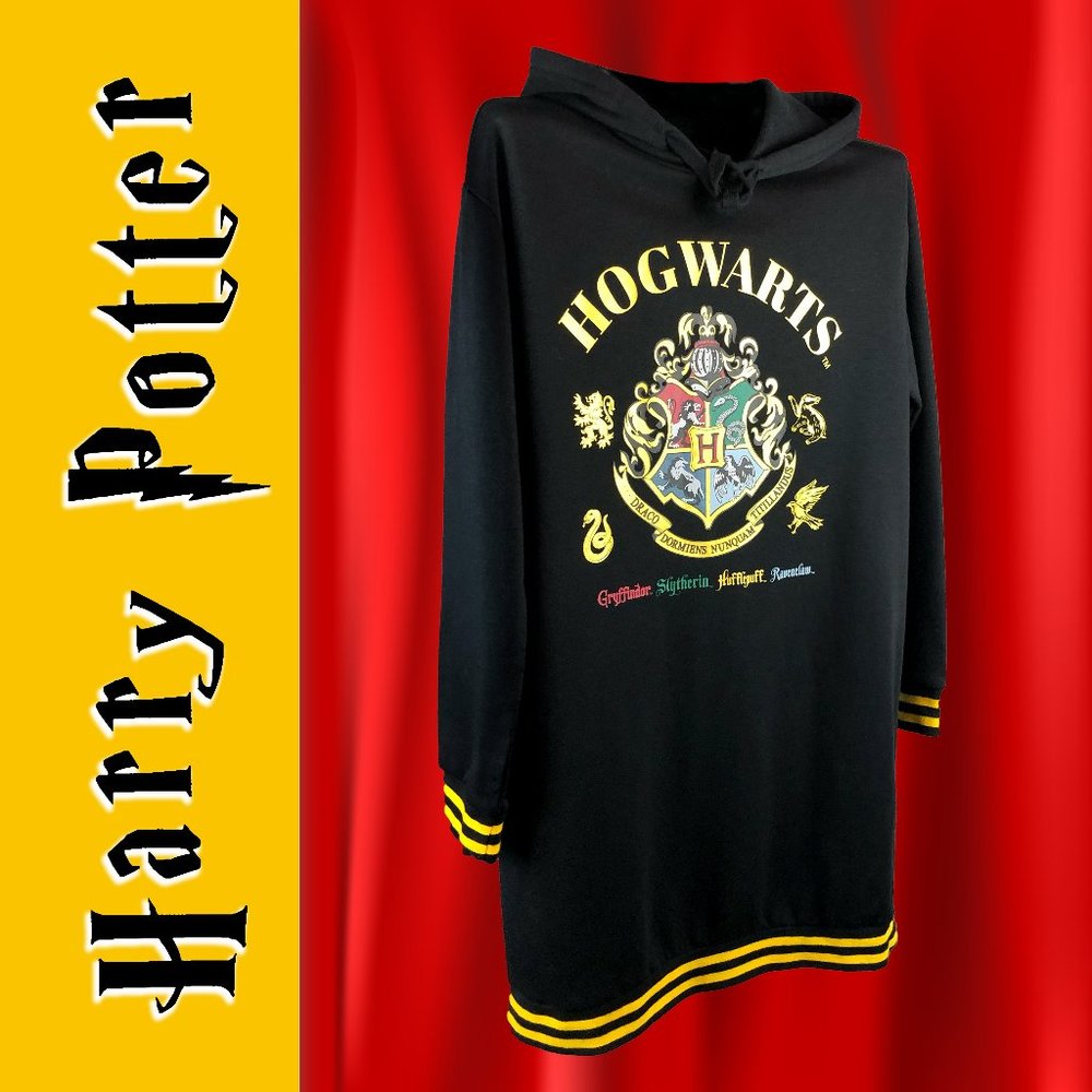 Harry Potter Wizarding World LG Extra Long Black Hoodie Sweater All Houses Crest